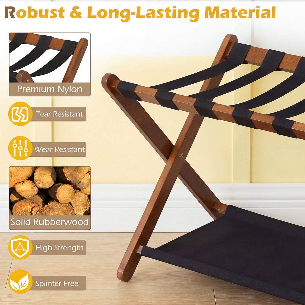 Solid Rubberwood Folding Luggage Rack with Nylon Shelves-Brown
