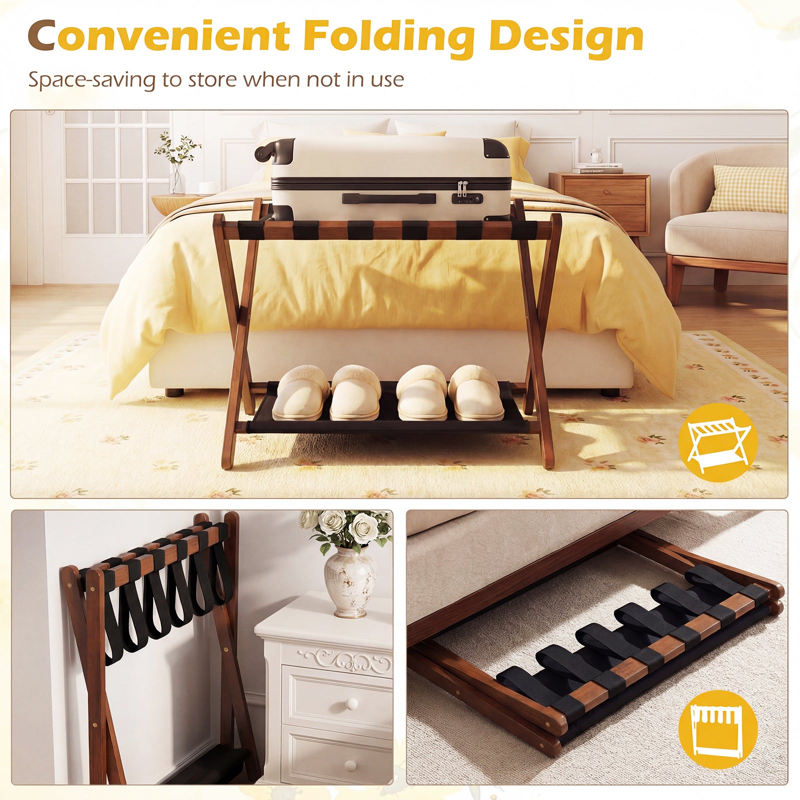 Solid Rubberwood Folding Luggage Rack with Nylon Shelves-Brown