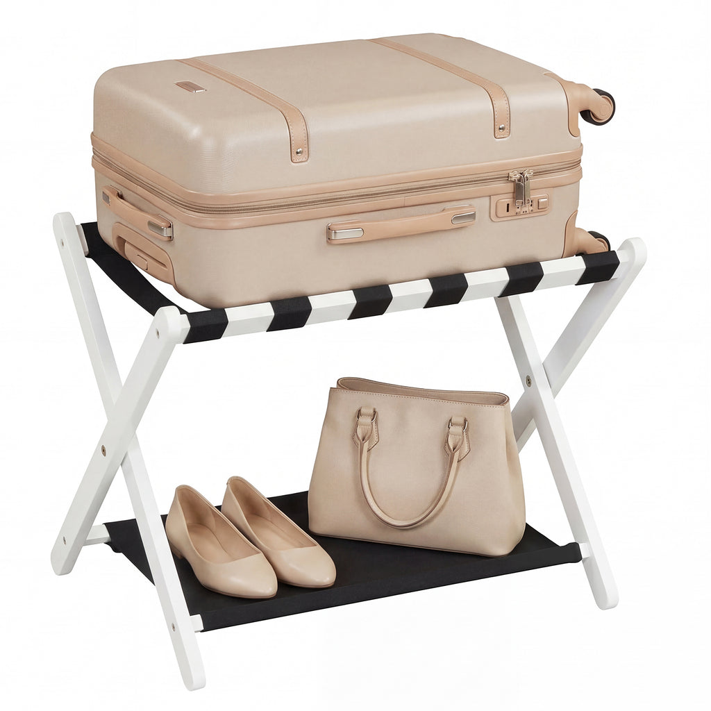 Solid Rubberwood Folding Luggage Rack with Nylon Shelves-White