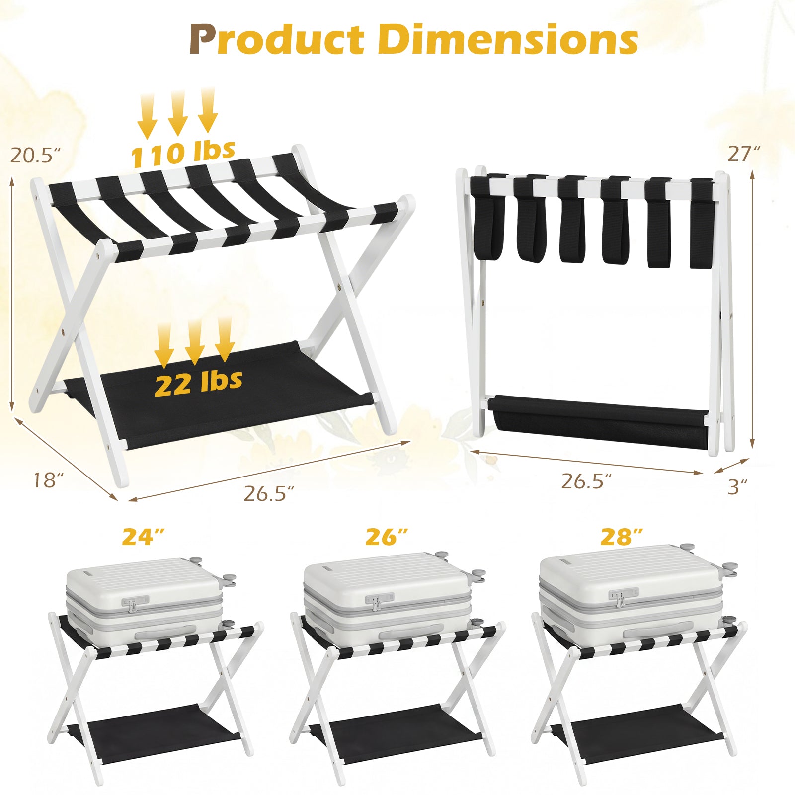 Solid Rubberwood Folding Luggage Rack with Nylon Shelves-White