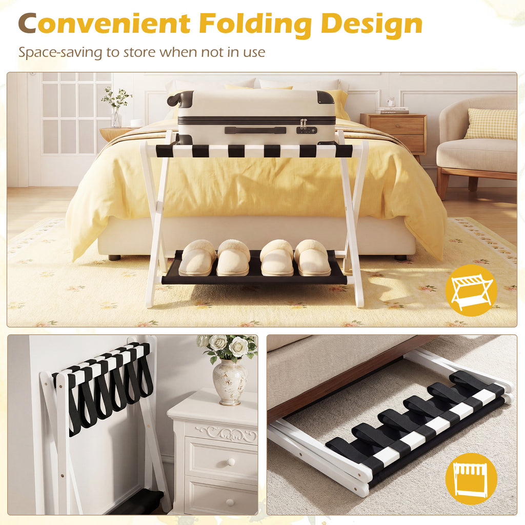 Solid Rubberwood Folding Luggage Rack with Nylon Shelves-White