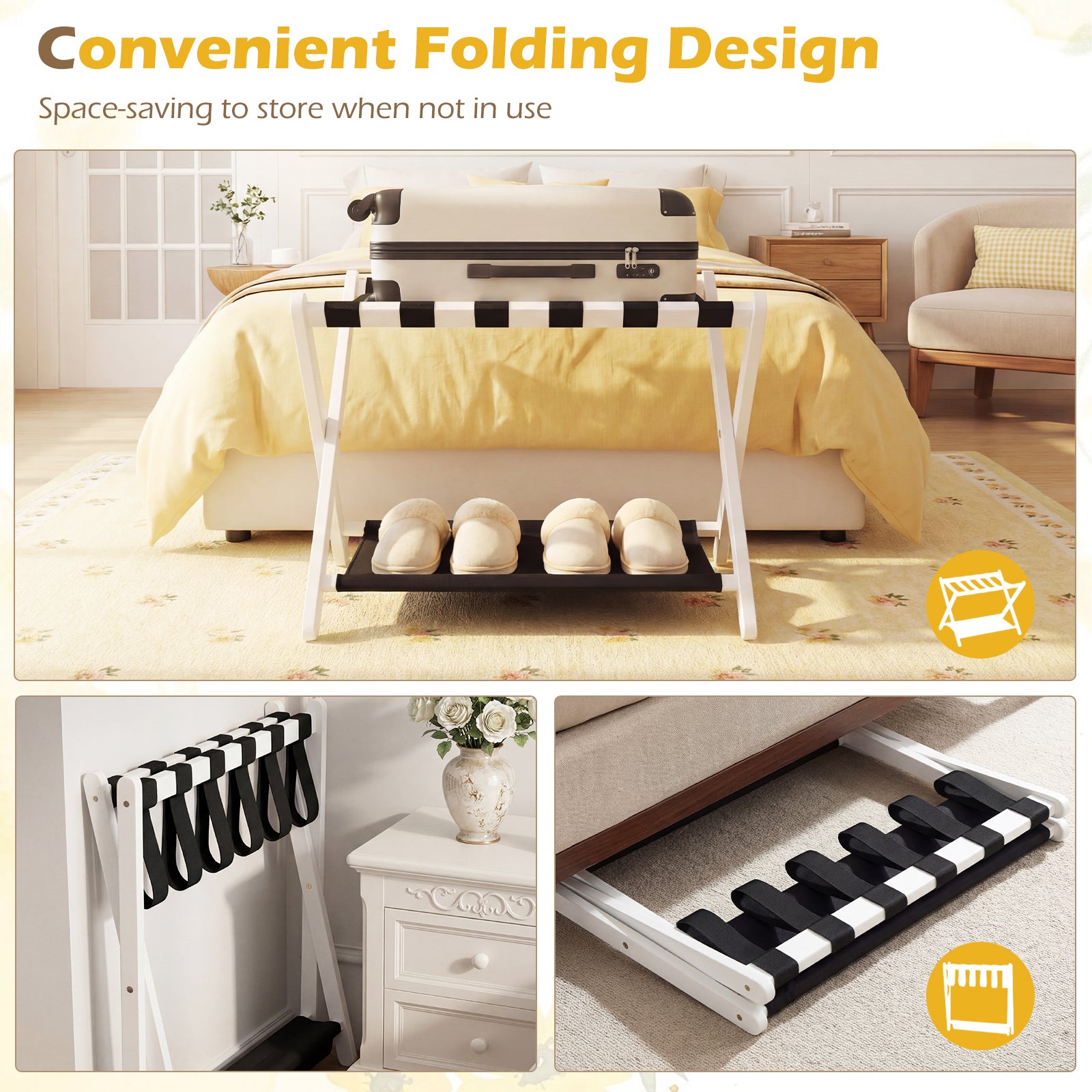 Solid Rubberwood Folding Luggage Rack with Nylon Shelves-White