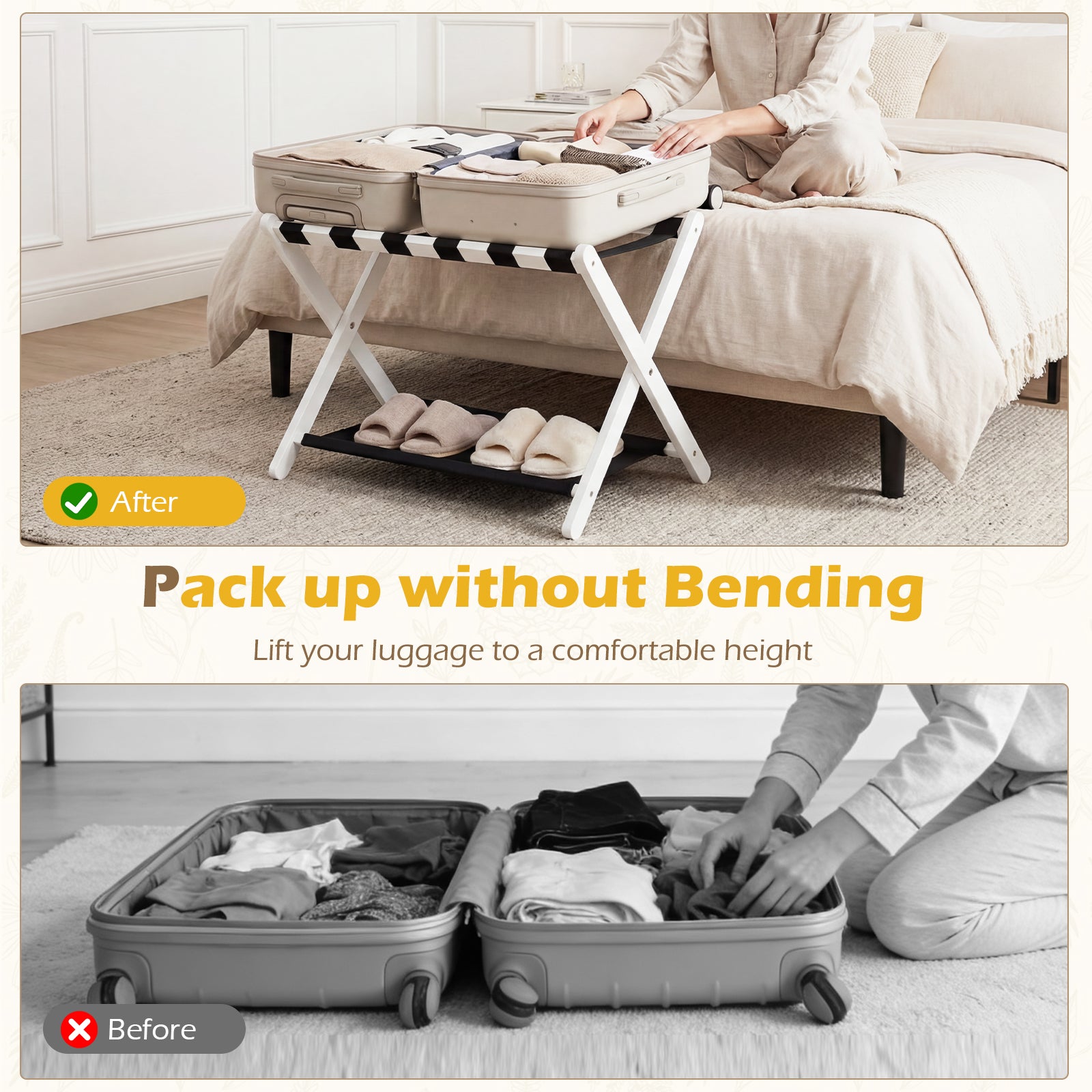 Solid Rubberwood Folding Luggage Rack with Nylon Shelves-White