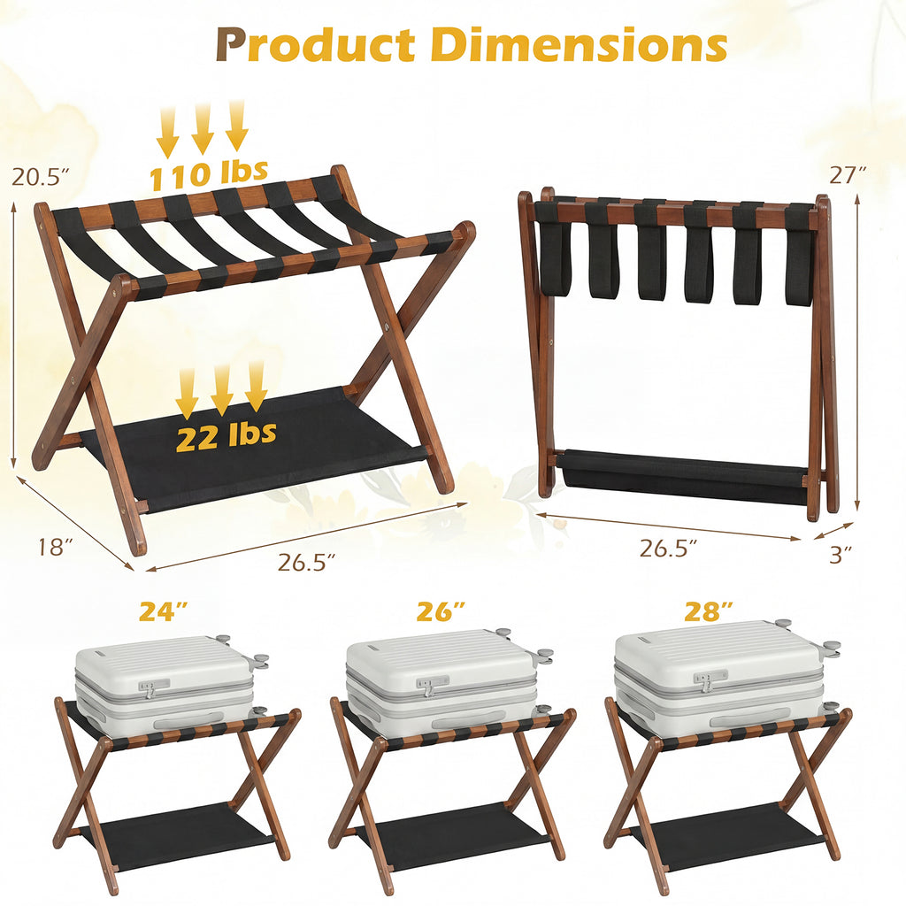 Solid Rubberwood Folding Luggage Rack with Nylon Shelves Set of 2-Brown