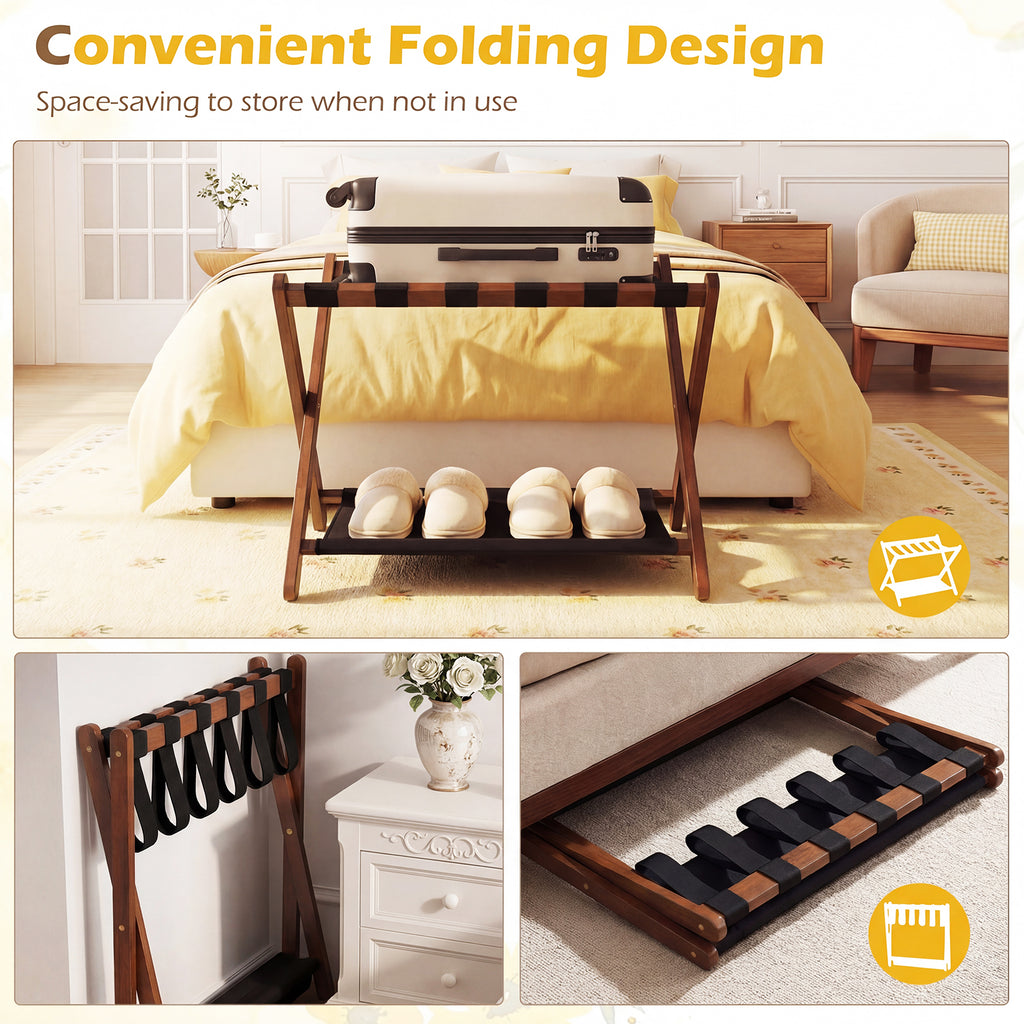 Solid Rubberwood Folding Luggage Rack with Nylon Shelves Set of 2-Brown