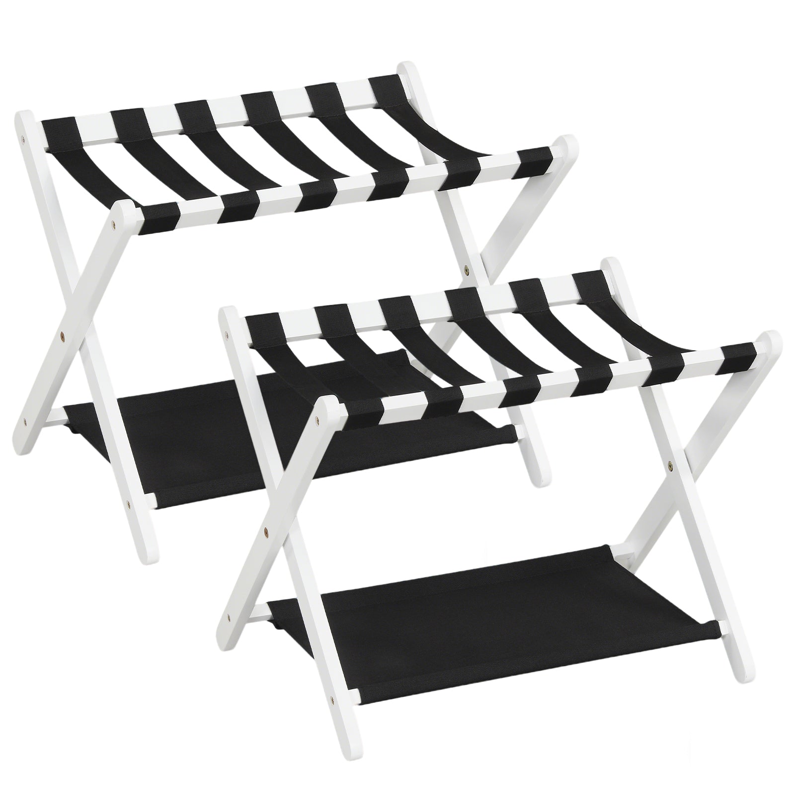 Solid Rubberwood Folding Luggage Rack with Nylon Shelves Set of 2-White