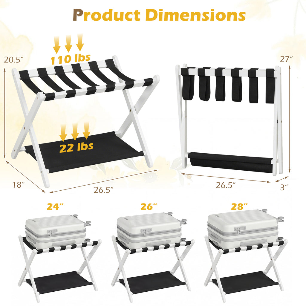 Solid Rubberwood Folding Luggage Rack with Nylon Shelves Set of 2-White