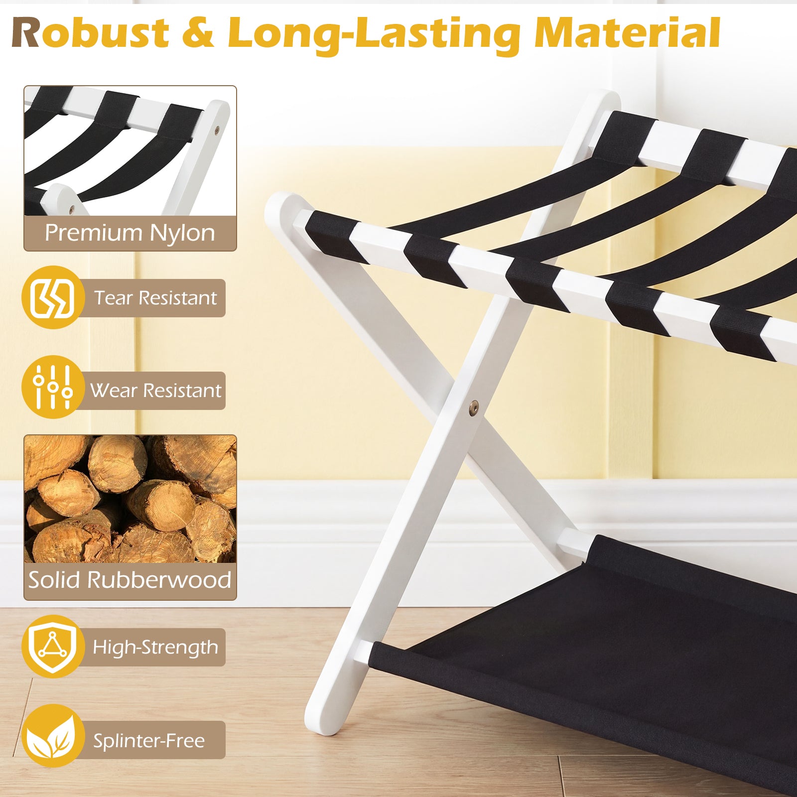 Solid Rubberwood Folding Luggage Rack with Nylon Shelves Set of 2-White