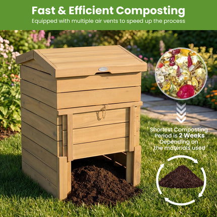 Solid Wood Compost Bin with Lockable Sliding Door and Flip-top Opening for Garden