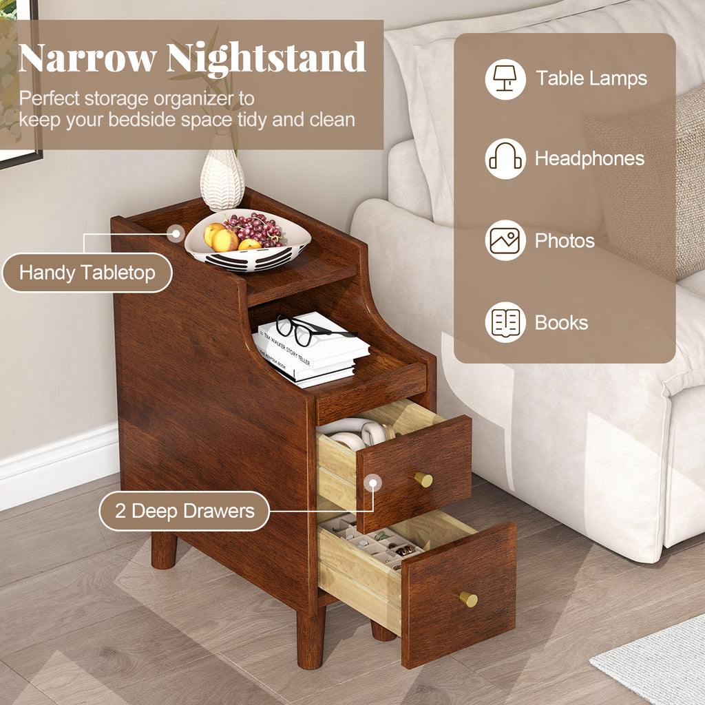 Solid Wood End Table Narrow Bedside Table with Pull-out Tray and 2 Storage Drawers-Brown