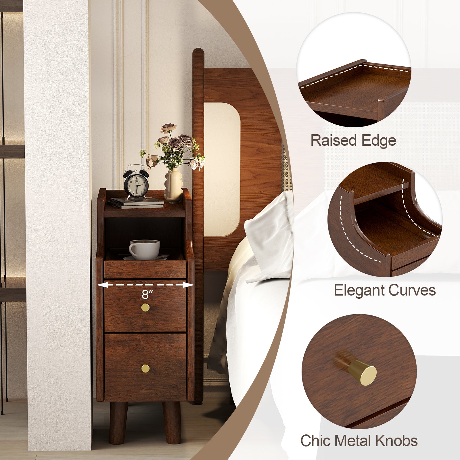Solid Wood End Table Narrow Bedside Table with Pull-out Tray and 2 Storage Drawers-Brown