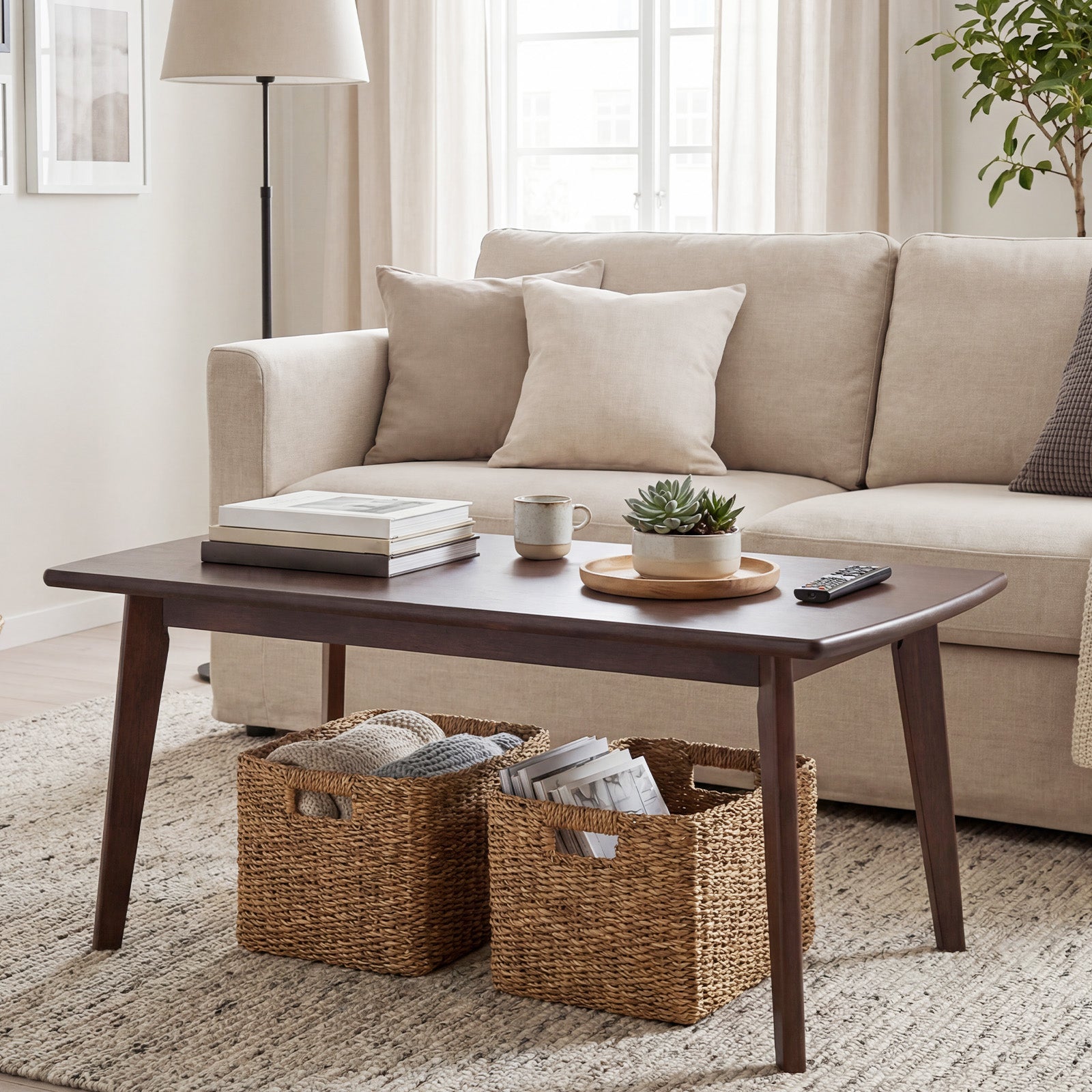 Solid Wood Modern Coffee Table with Tapered Legs-Walnut