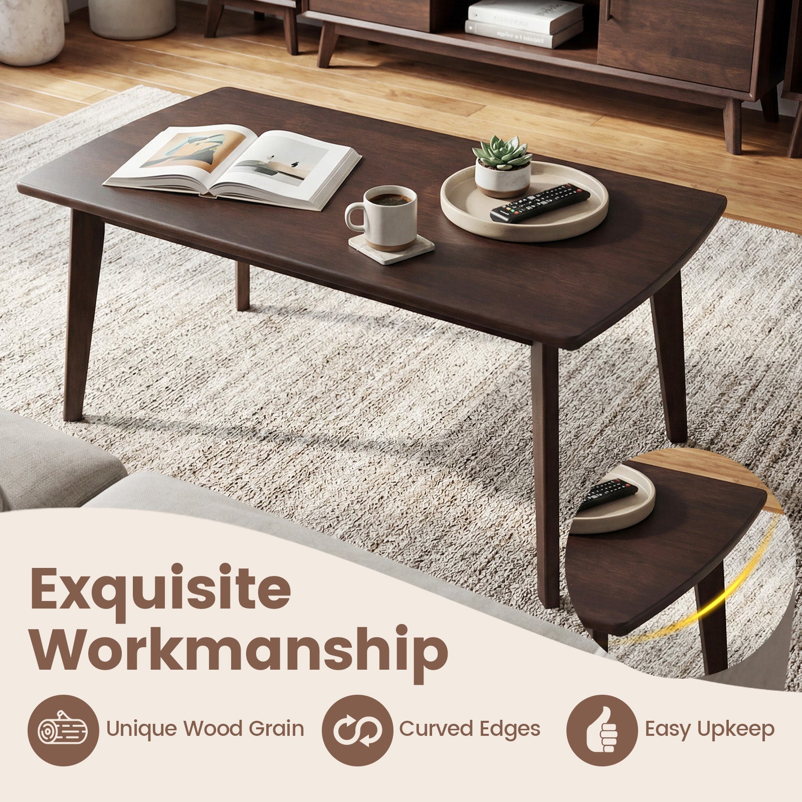 Solid Wood Modern Coffee Table with Tapered Legs-Walnut