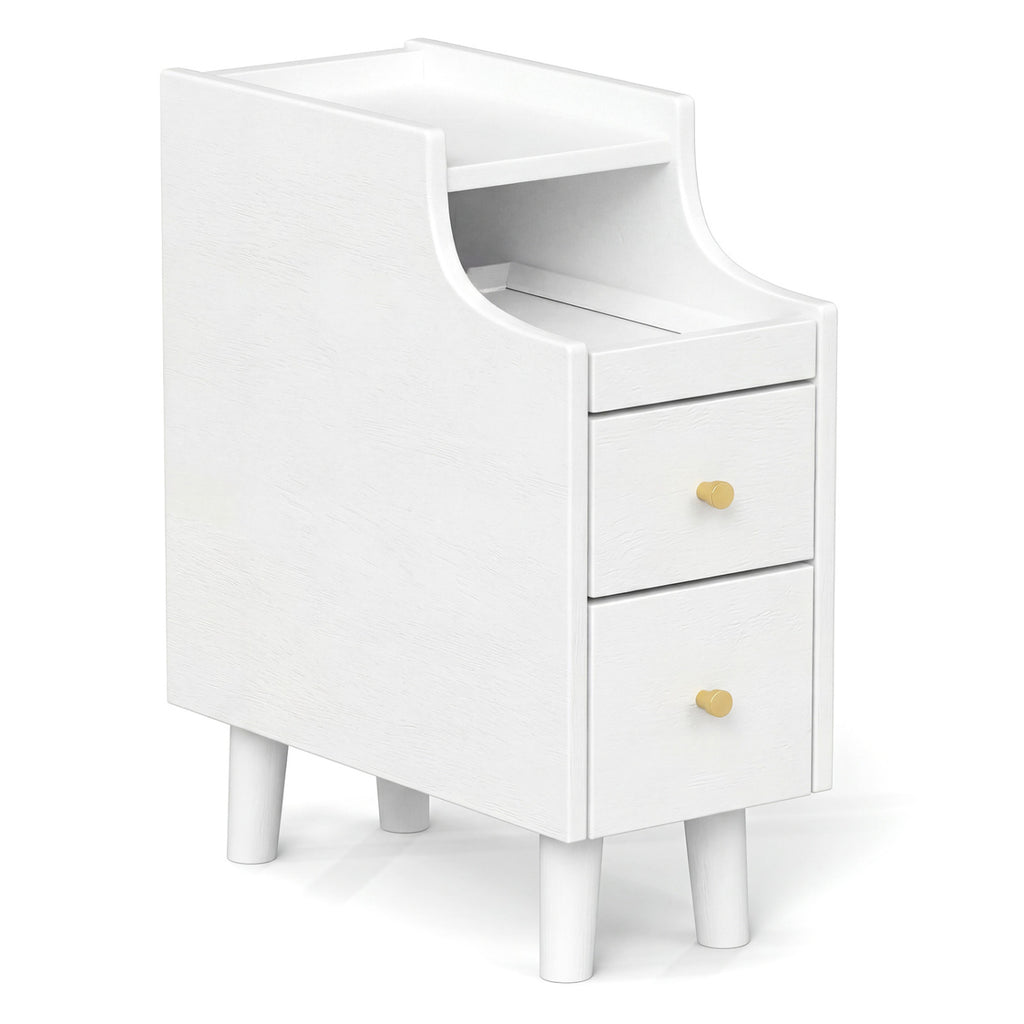 Solid Wood Night Side Table Narrow Bedside Table Nightstand with Pull-out Tray and 2 Storage Drawers-White