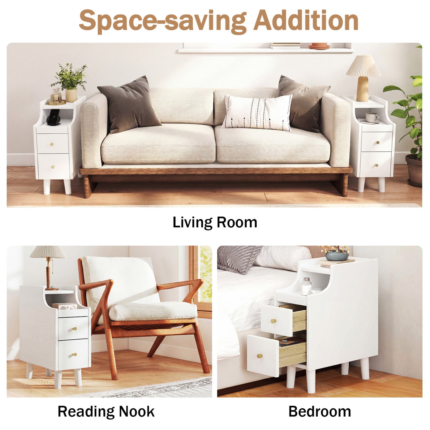 Solid Wood Night Side Table Narrow Bedside Table Nightstand with Pull-out Tray and 2 Storage Drawers-White