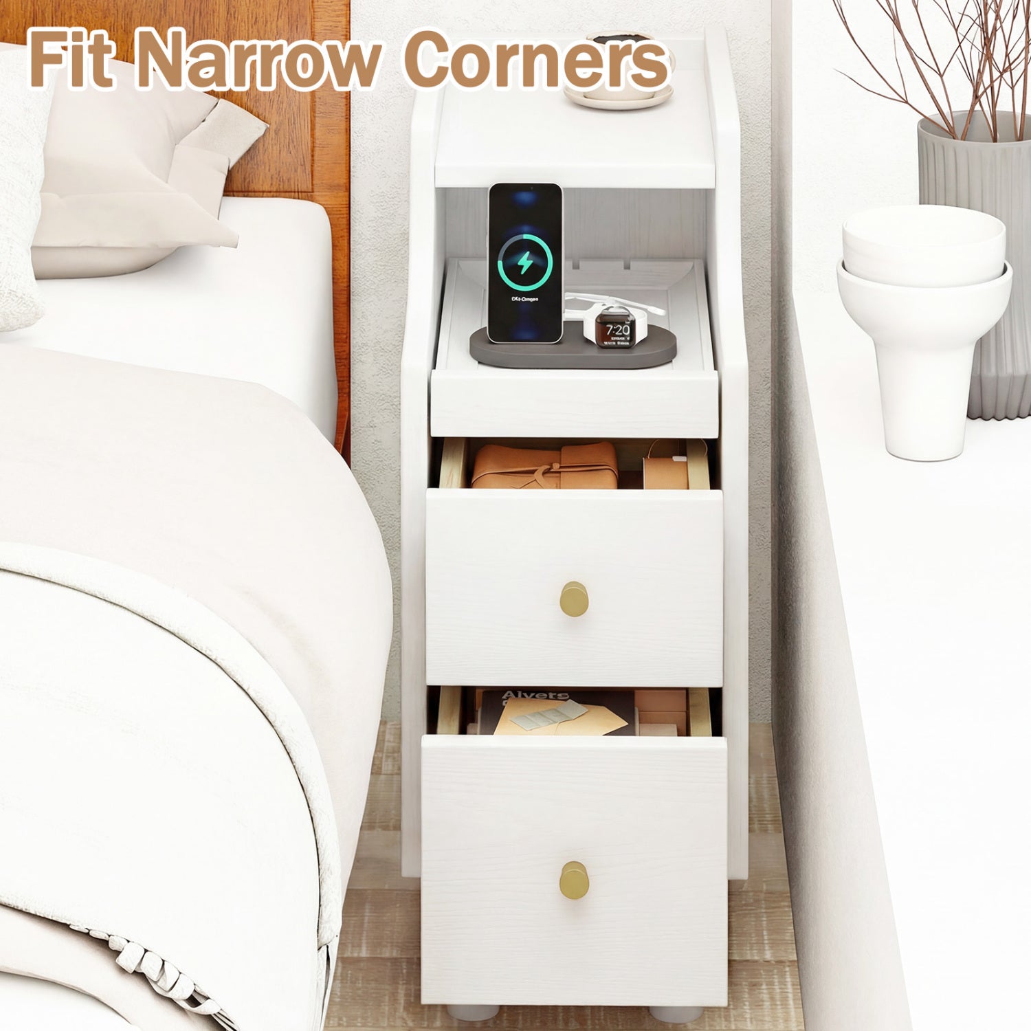 Solid Wood Night Side Table Narrow Bedside Table Nightstand with Pull-out Tray and 2 Storage Drawers-White