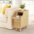 Solid Wood Night Side Table Narrow Bedside Table Nightstand with Pull-out Tray and 2 Storage Drawers-Natural