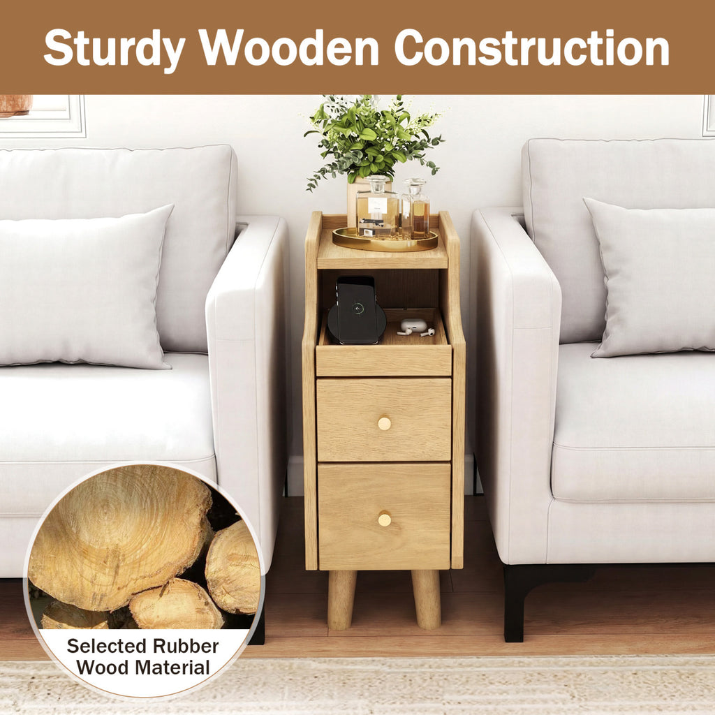 Solid Wood Night Side Table Narrow Bedside Table Nightstand with Pull-out Tray and 2 Storage Drawers-Natural