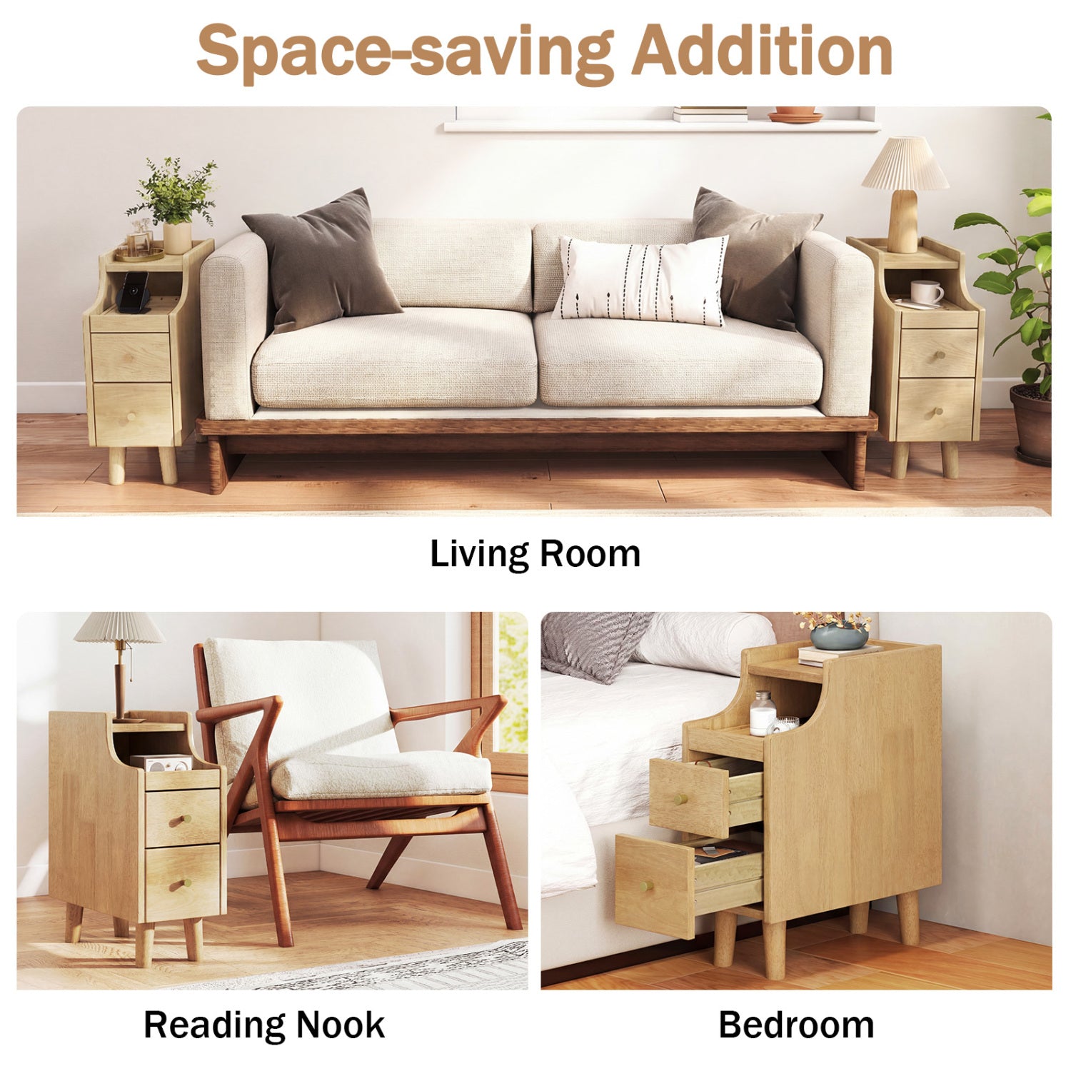 Solid Wood Night Side Table Narrow Bedside Table Nightstand with Pull-out Tray and 2 Storage Drawers-Natural