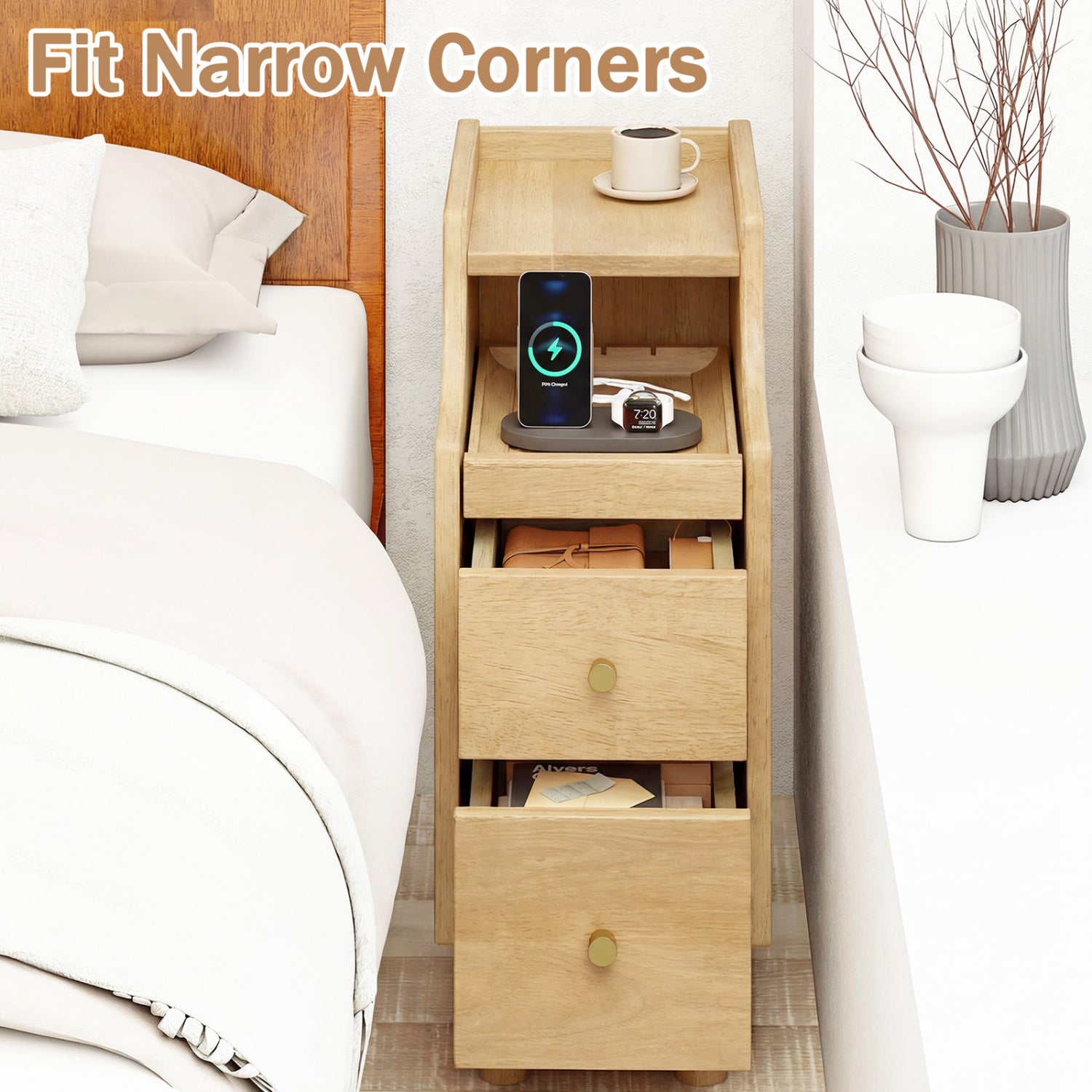 Solid Wood Night Side Table Narrow Bedside Table Nightstand with Pull-out Tray and 2 Storage Drawers-Natural