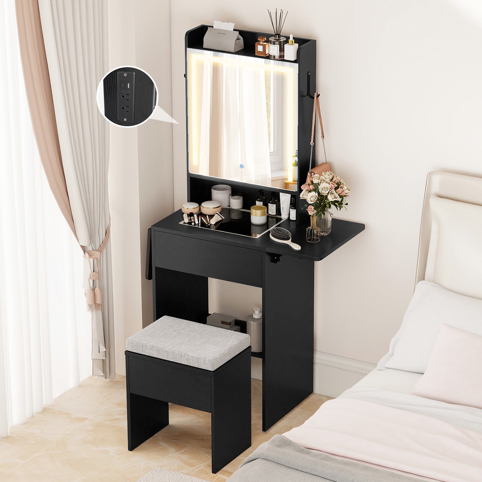 Space-saving Vanity Desk with Mirror and Lights for Bedroom-Black