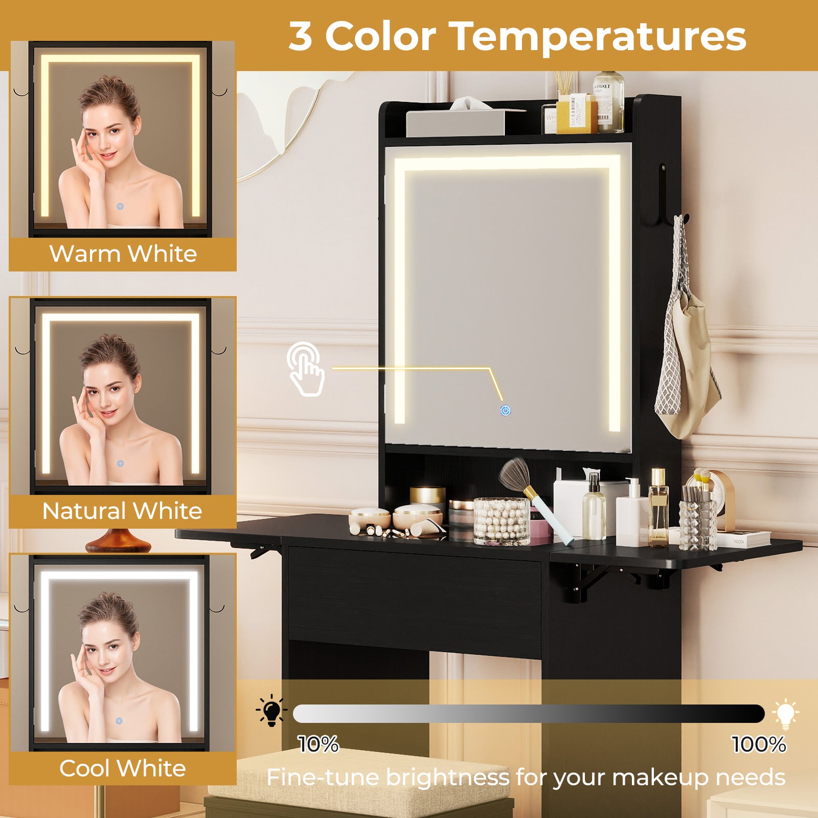 Space-saving Vanity Desk with Mirror and Lights for Bedroom-Black