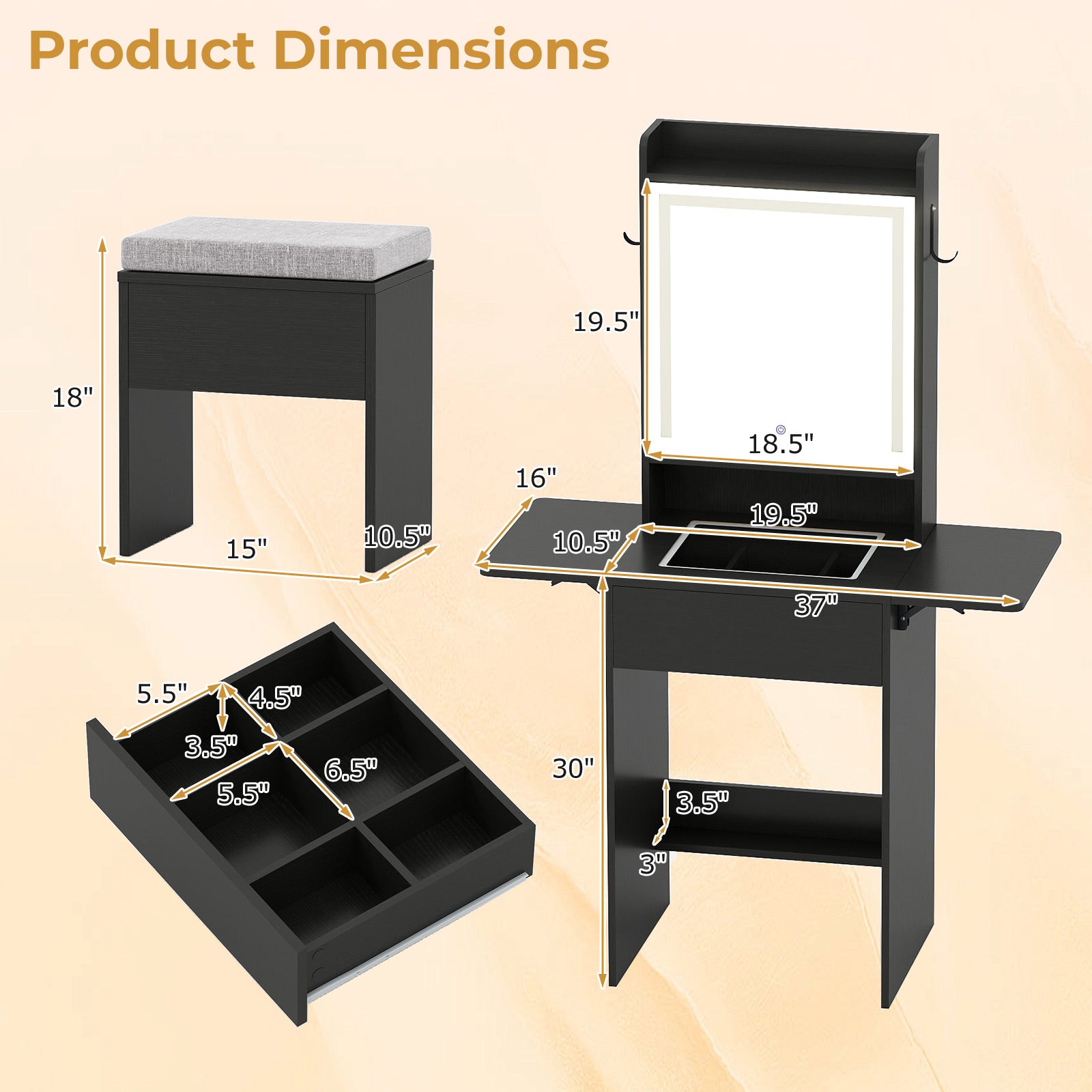 Space-saving Vanity Desk with Mirror and Lights for Bedroom-Black