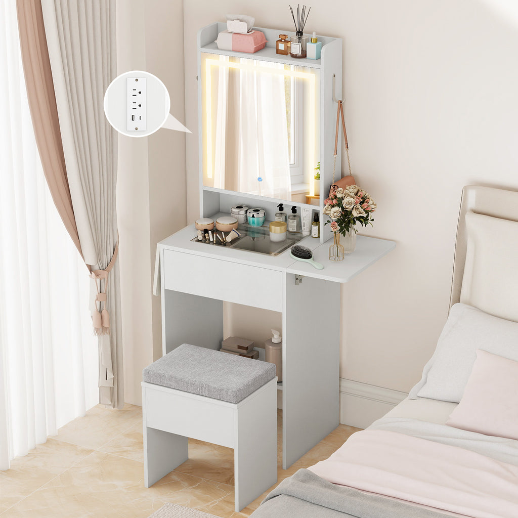 Space-saving Vanity Desk with Mirror and Lights for Bedroom-White