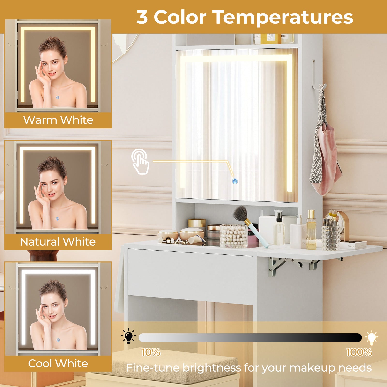 Space-saving Vanity Desk with Mirror and Lights for Bedroom-White