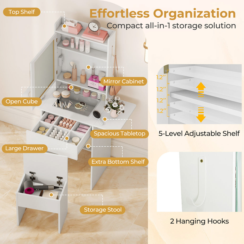 Space-saving Vanity Desk with Mirror and Lights for Bedroom-White