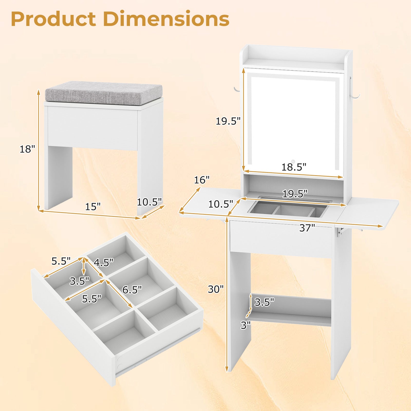 Space-saving Vanity Desk with Mirror and Lights for Bedroom-White