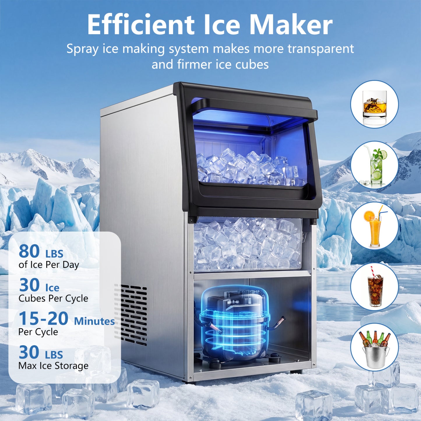 Stainless Steel Spary Ice Maker with 30 LBS Storage Capacity and 80 LBS Per Day