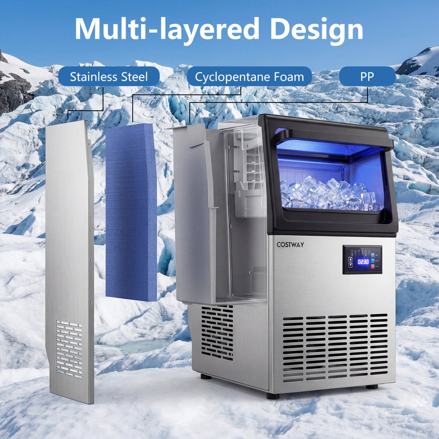 Stainless Steel Spary Ice Maker with 30 LBS Storage Capacity and 80 LBS Per Day