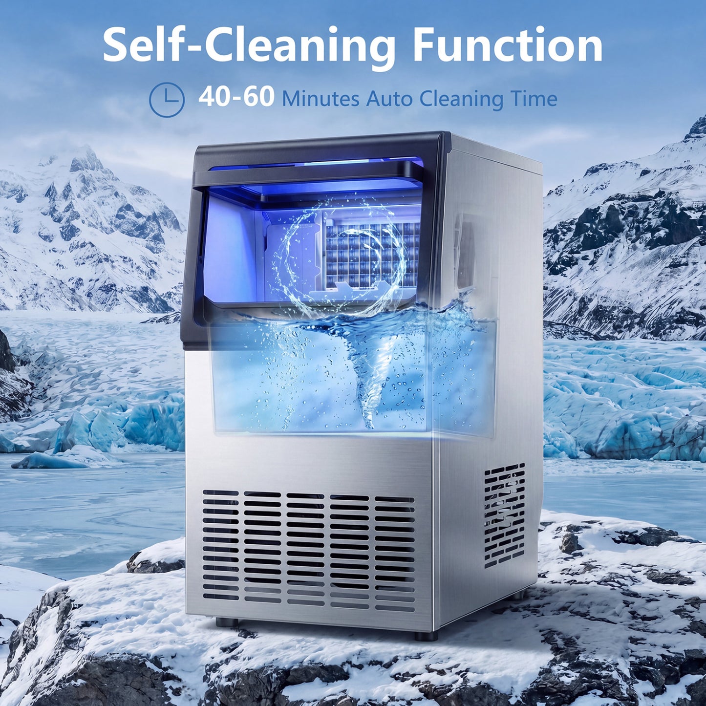 Stainless Steel Spary Ice Maker with 30 LBS Storage Capacity and 80 LBS Per Day