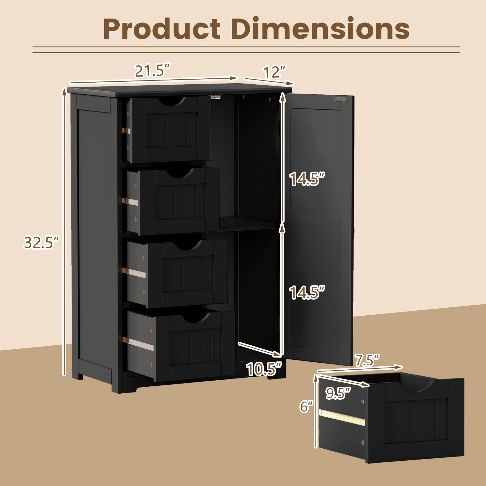 Standing Indoor Wooden Cabinet with 4 Drawers-Black