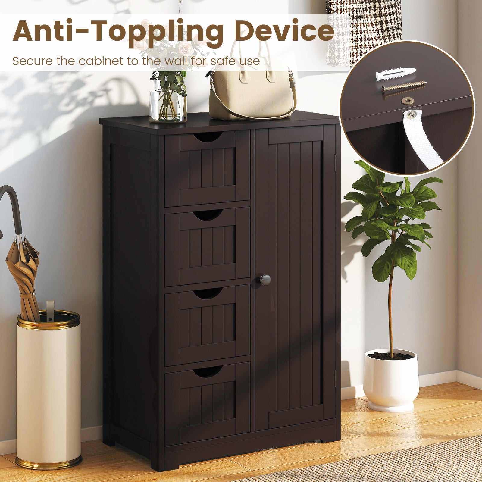 Standing Indoor Wooden Cabinet with 4 Drawers-Brown