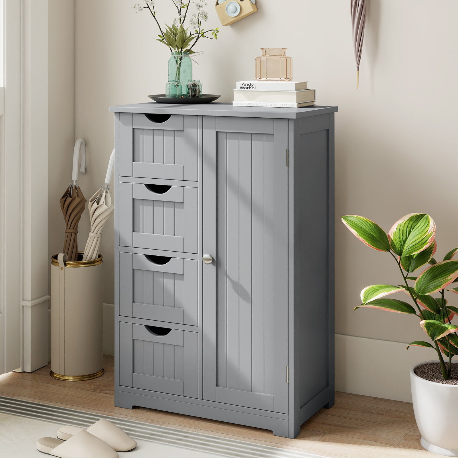 Standing Indoor Wooden Cabinet with 4 Drawers-Gray