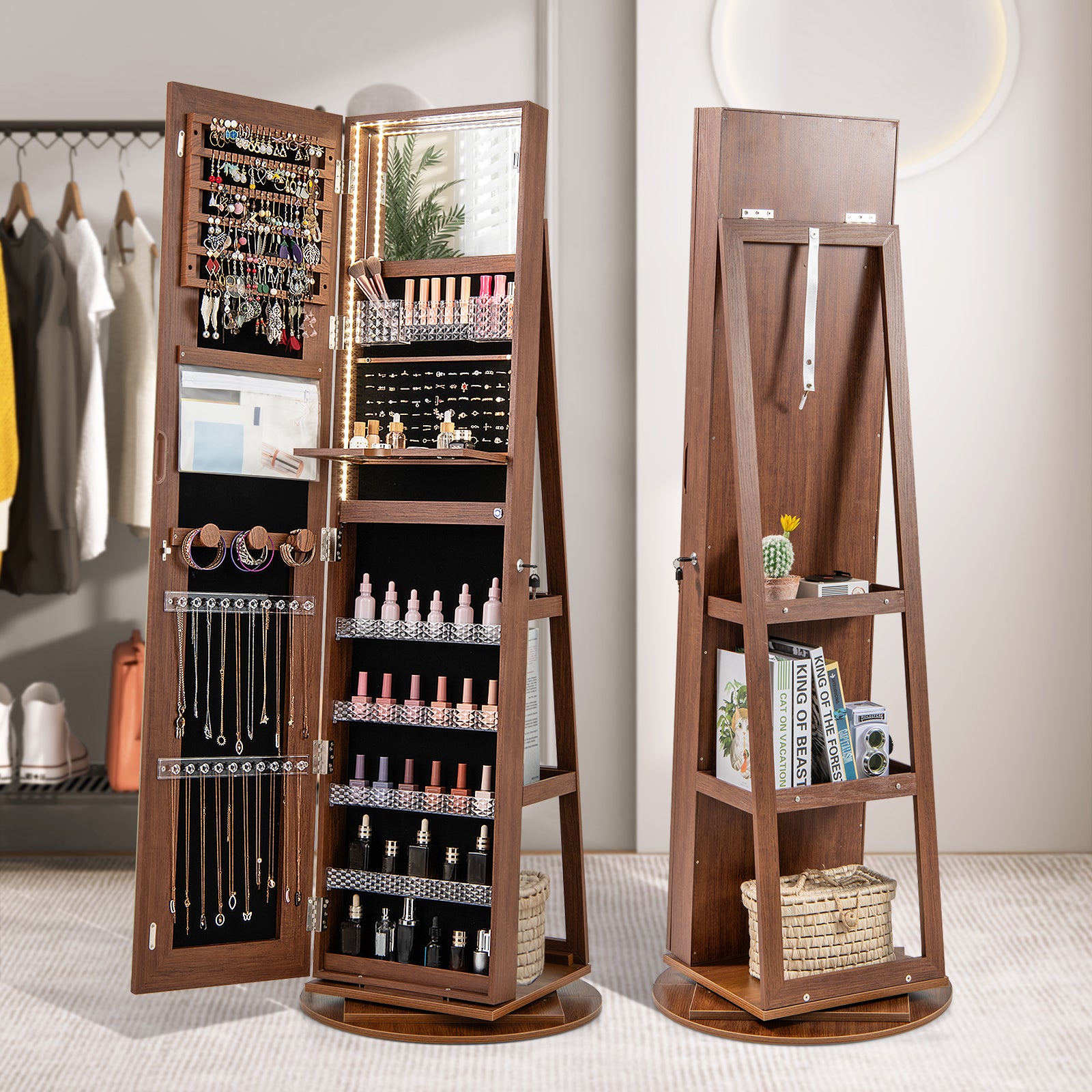 Standing Jewelry Cabinet with Adjustable LED Lights-Brown