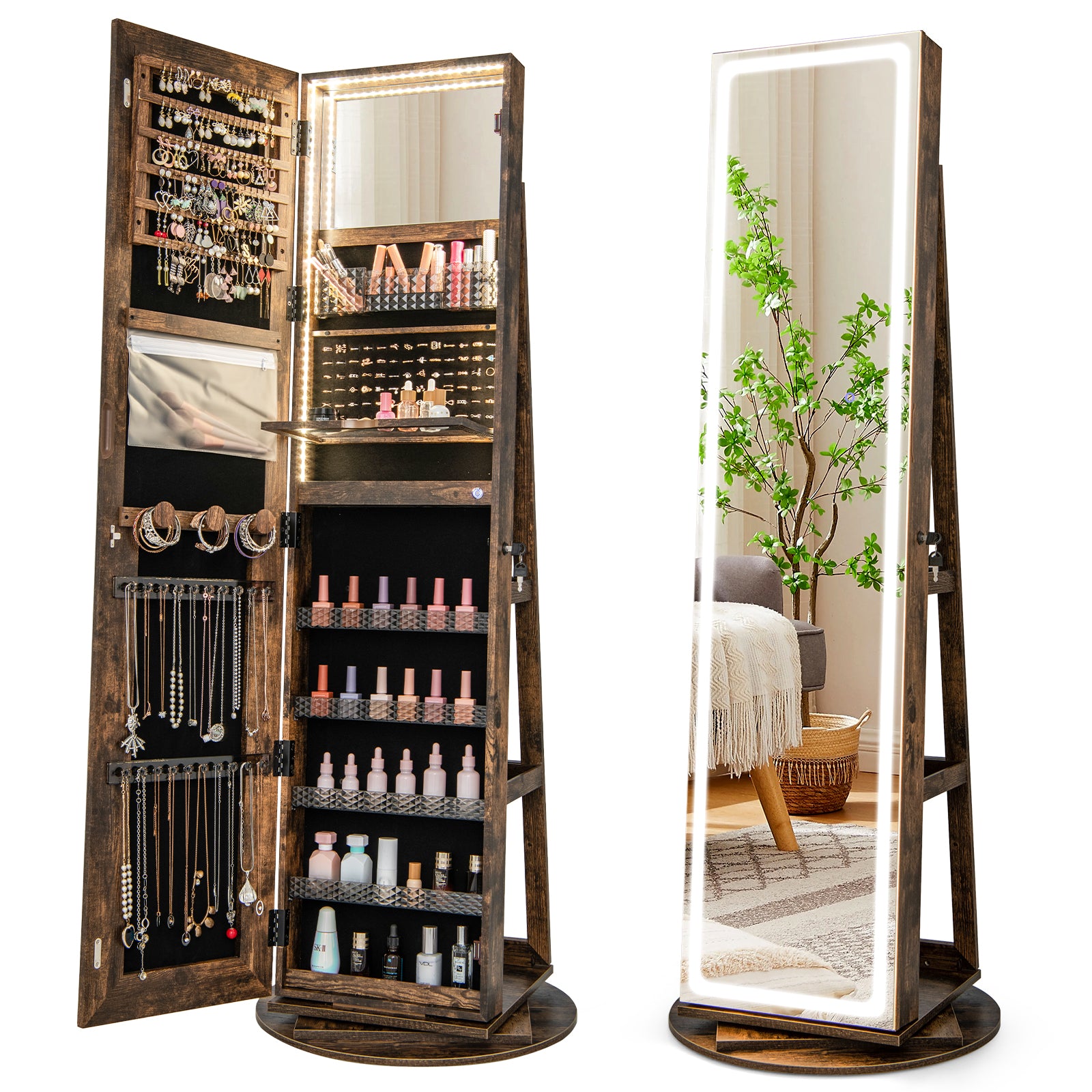 Standing Jewelry Cabinet with Adjustable LED Lights-Coffee