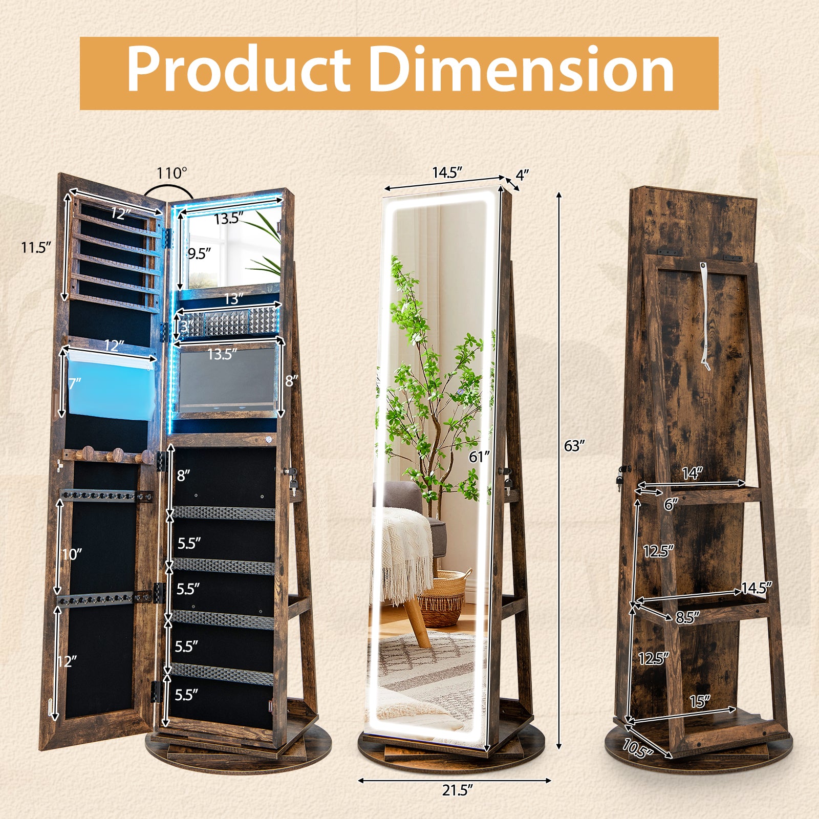 Standing Jewelry Cabinet with Adjustable LED Lights-Coffee