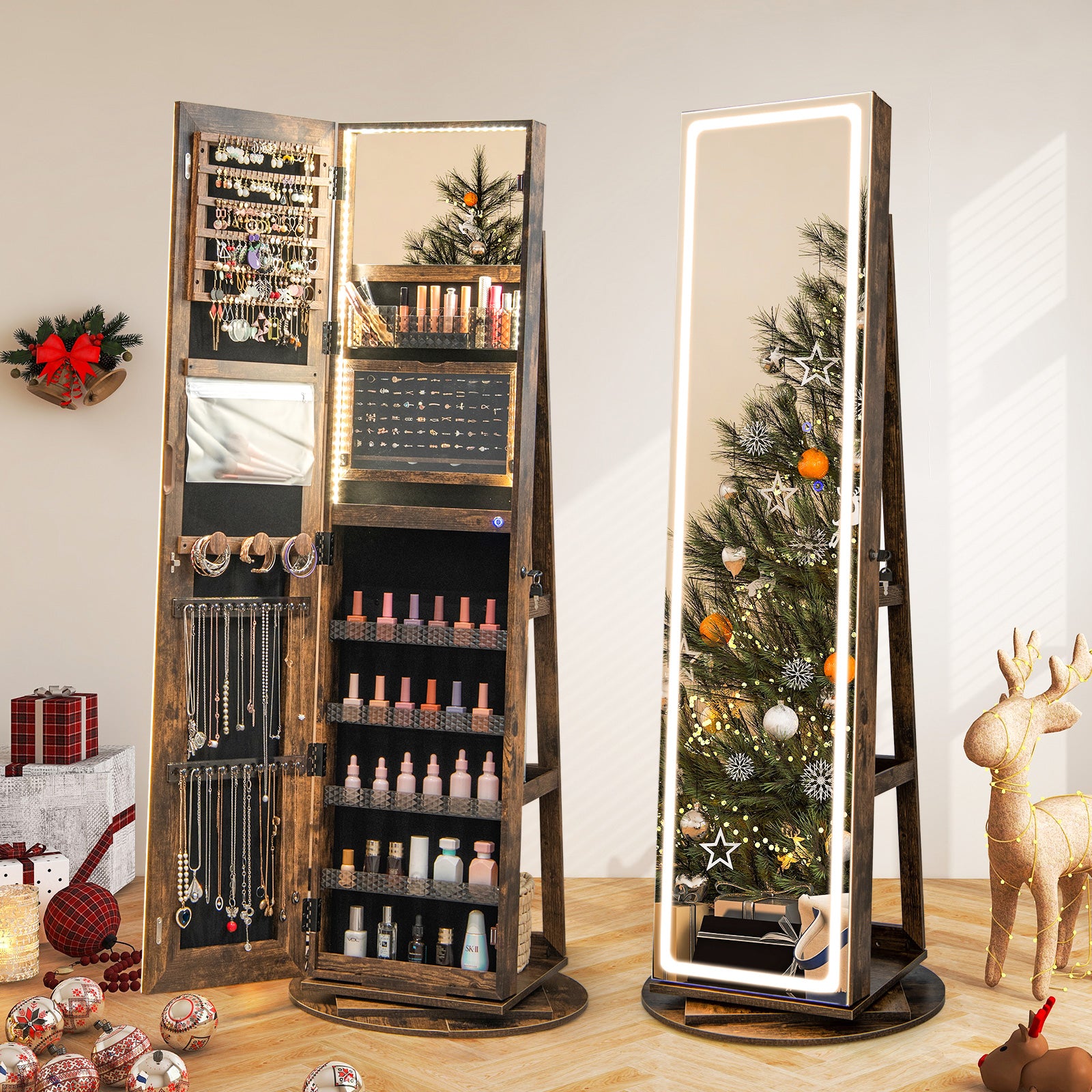 Standing Jewelry Cabinet with Adjustable LED Lights-Coffee