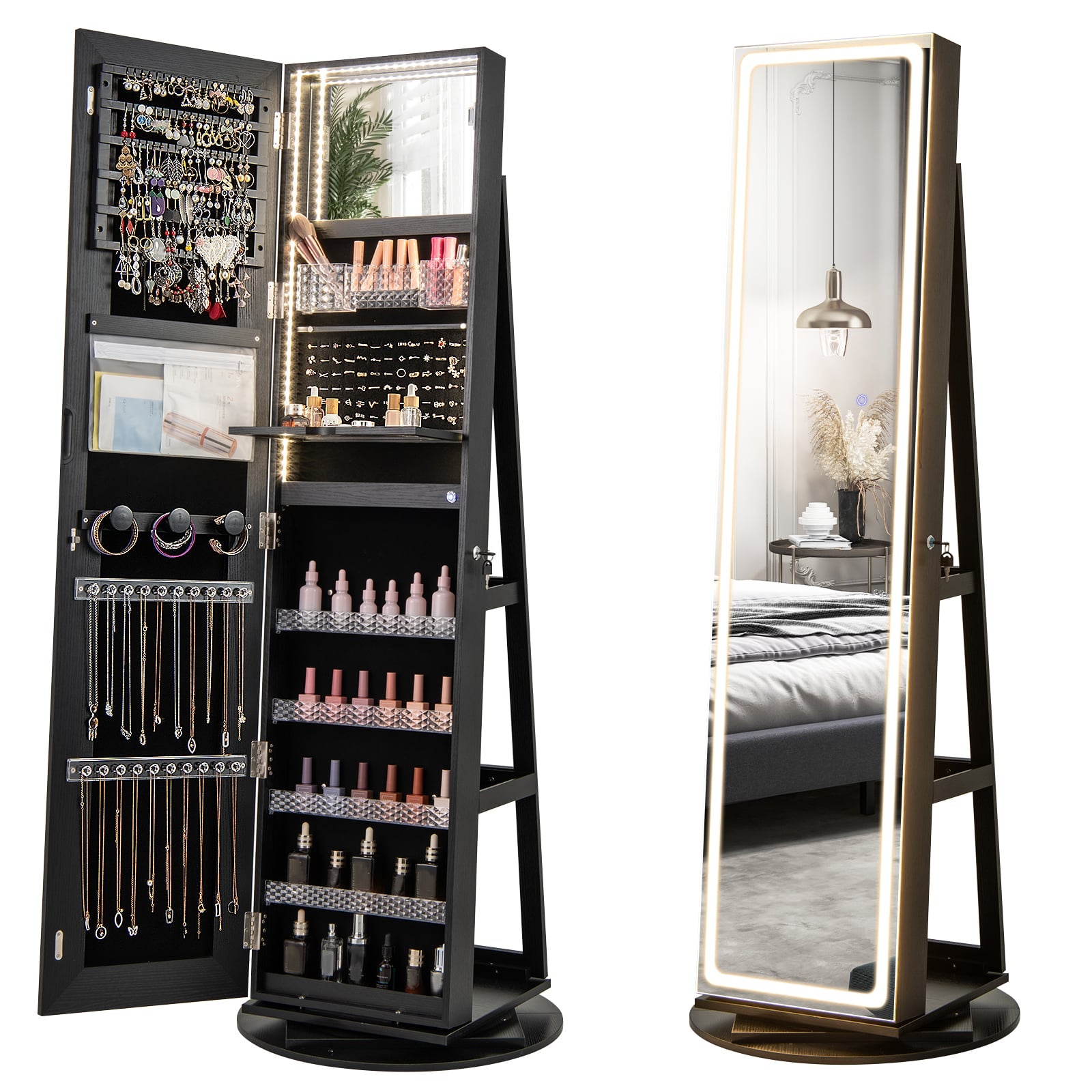 Standing Jewelry Cabinet with Adjustable LED Lights-Black