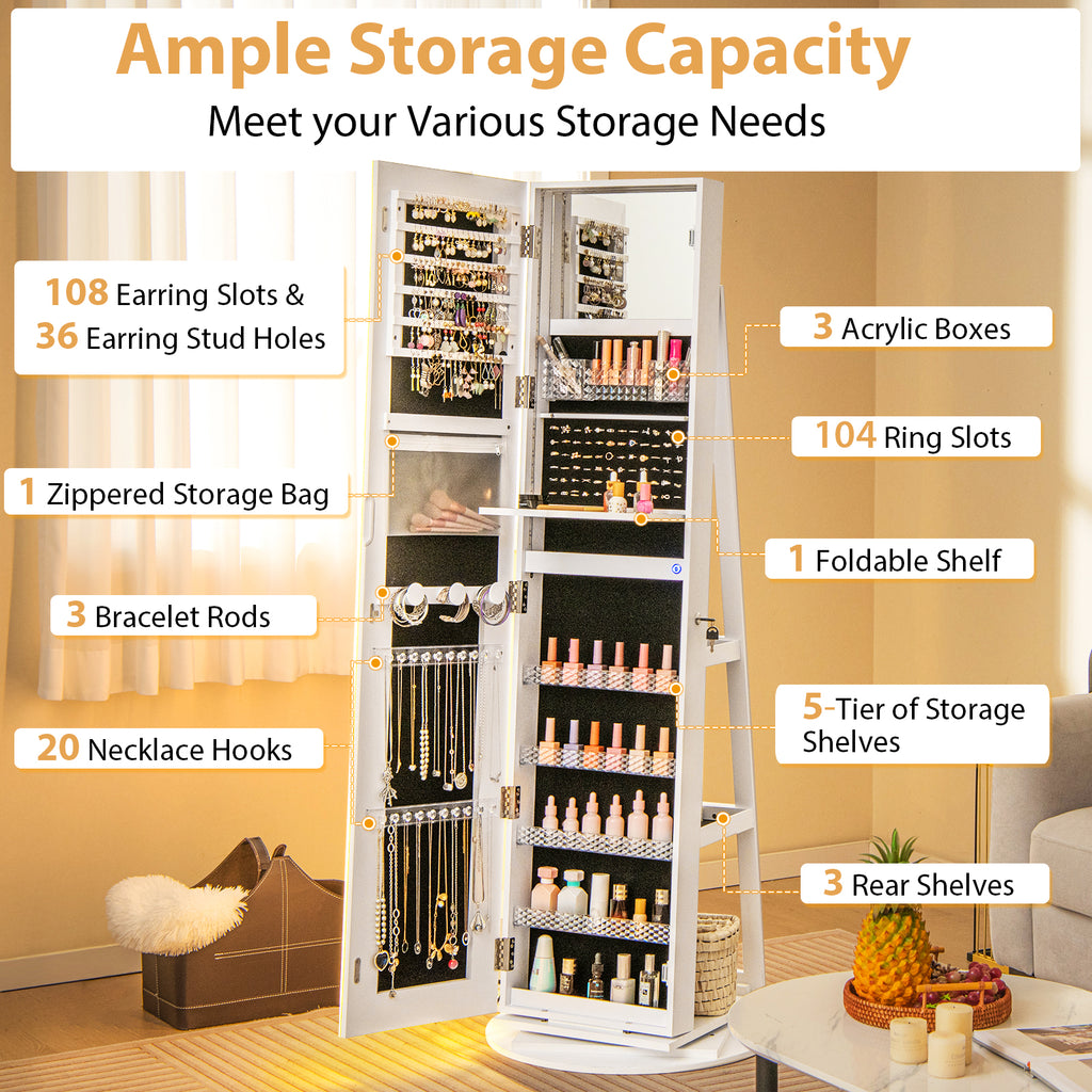 Standing Jewelry Cabinet with Adjustable LED Lights-White