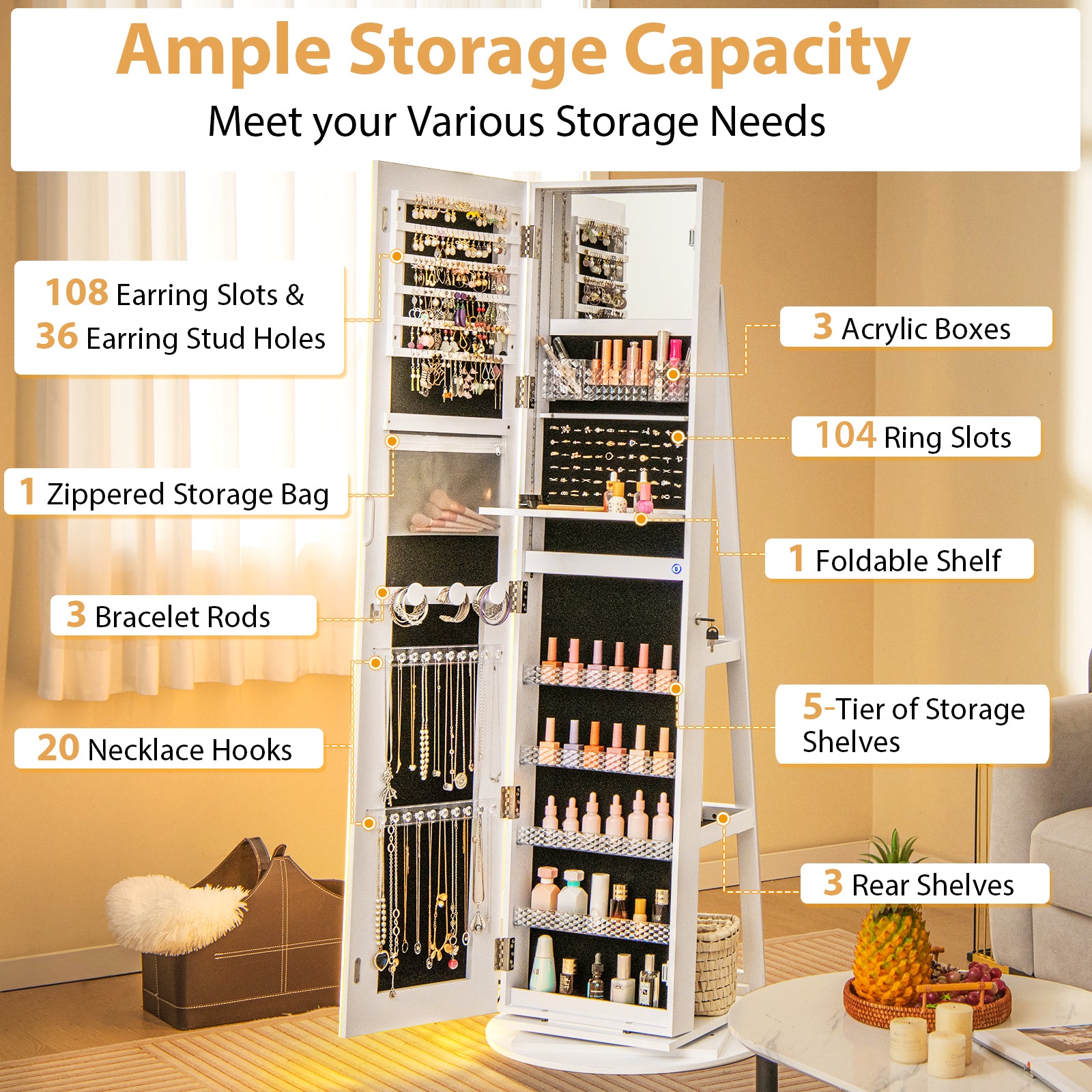 Standing Jewelry Cabinet with Adjustable LED Lights-White