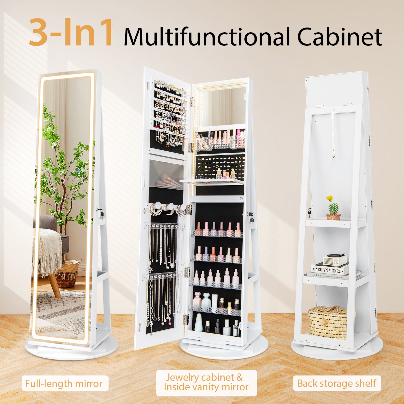 Standing Jewelry Cabinet with Adjustable LED Lights-White
