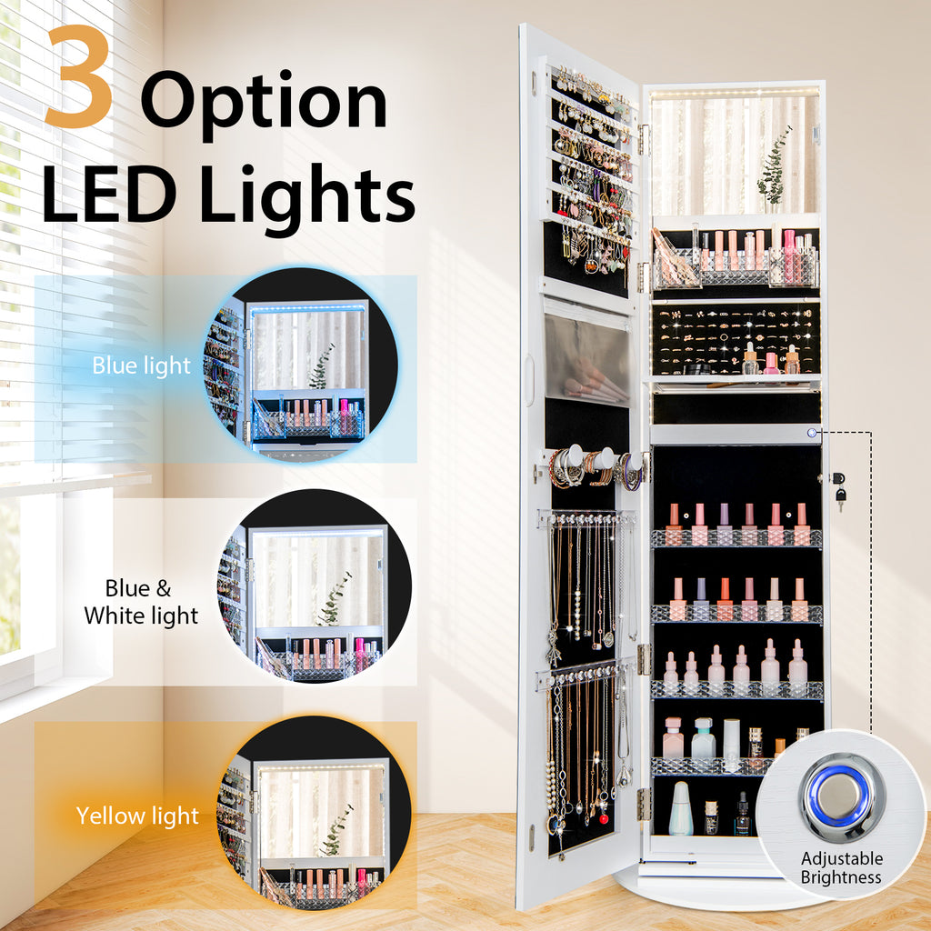 Standing Jewelry Cabinet with Adjustable LED Lights-White