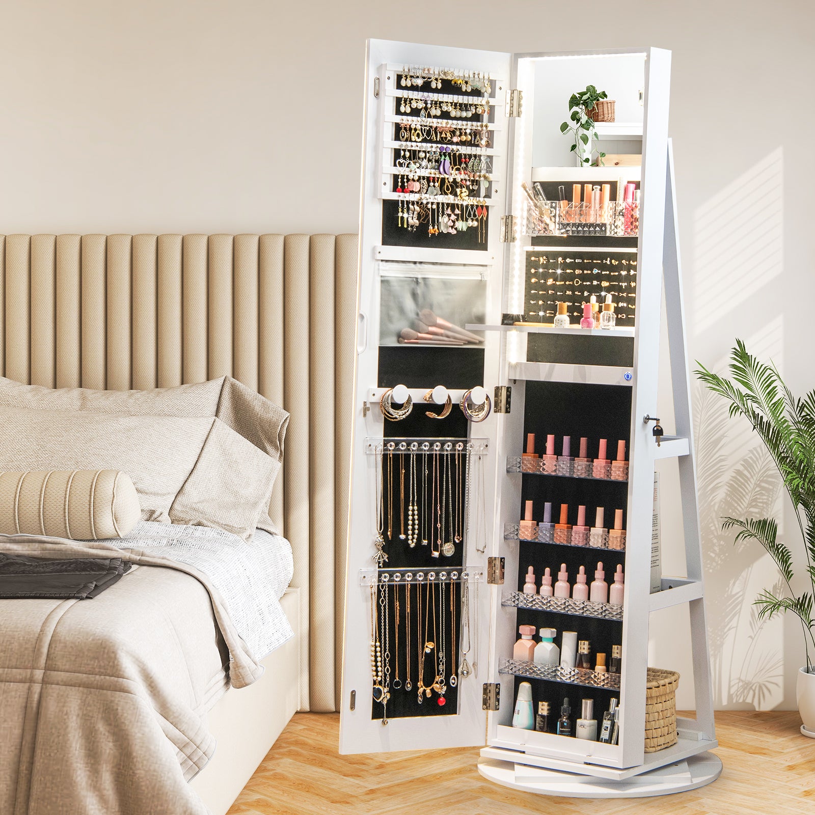Standing Jewelry Cabinet with Adjustable LED Lights-White