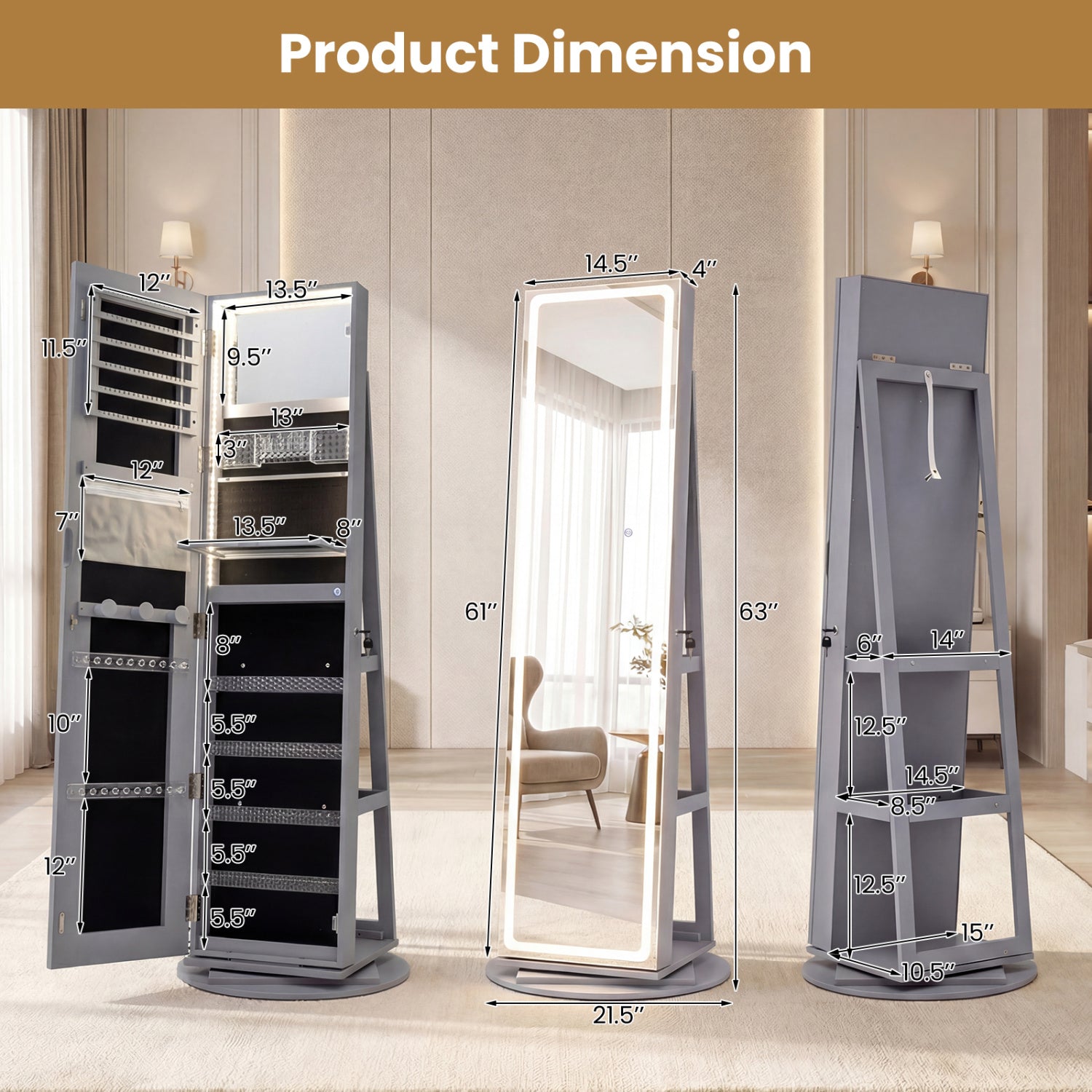 Standing Jewelry Cabinet with Adjustable LED Lights-Gray
