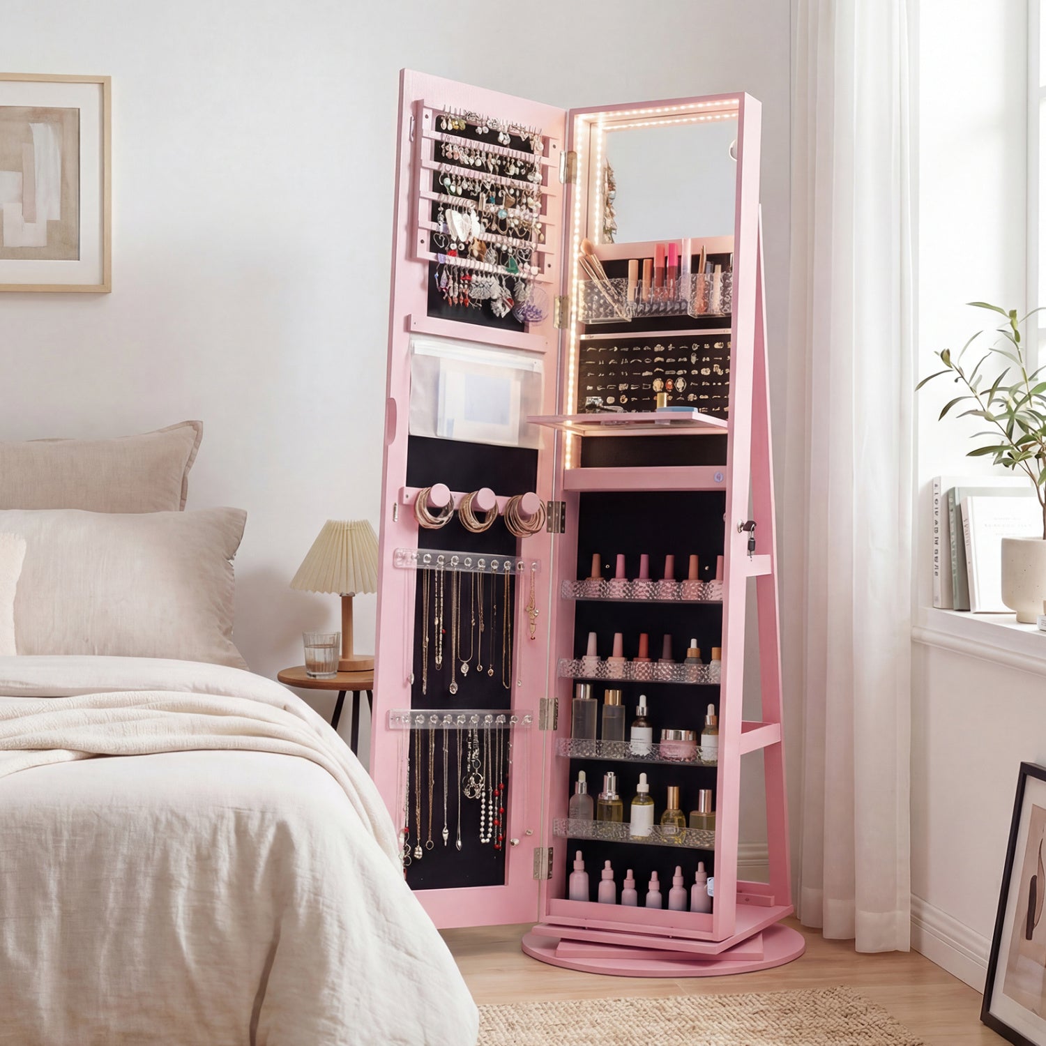 Standing Jewelry Cabinet with Adjustable LED Lights-Pink