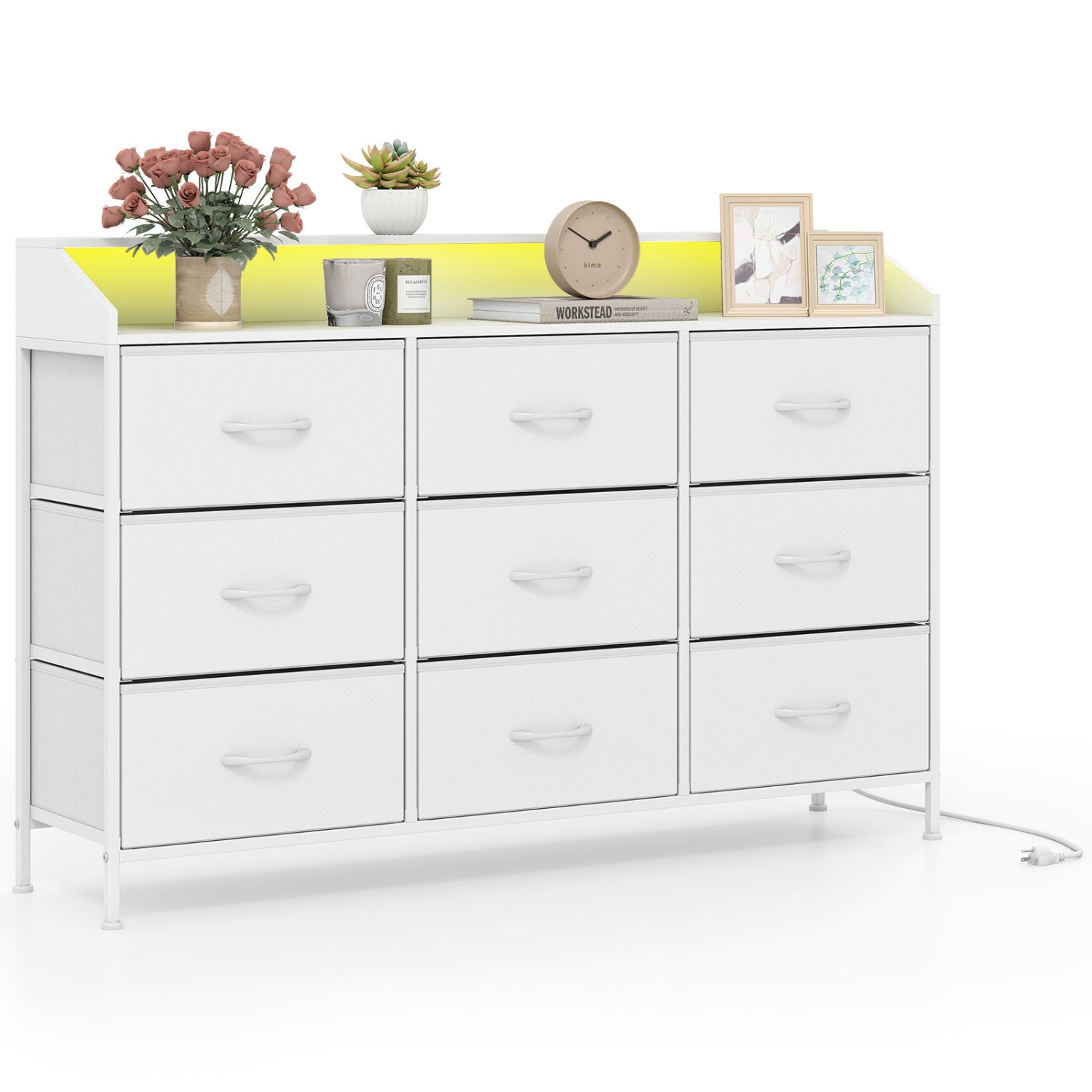 Storage Organizer with LED Lights and 9 Fabric Drawers for Bedroom-White